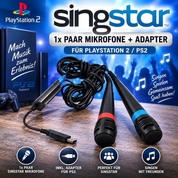 1x Paar Singstar Mikrofone + Adapter für Playstation 2 / PS2 / Guter Zustand