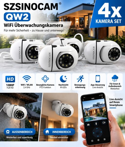 4x SZSINOCAM "QW2 WiFi Kamera / Überwachungskamera /Beweglich /Aussen&innen /Neu