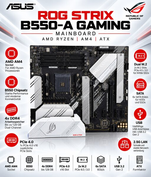 ASUS ROG Strix B550-A Gaming Mainboard AMD Ryzen AM4 ATX PCIe Dual M.2 SATA USB