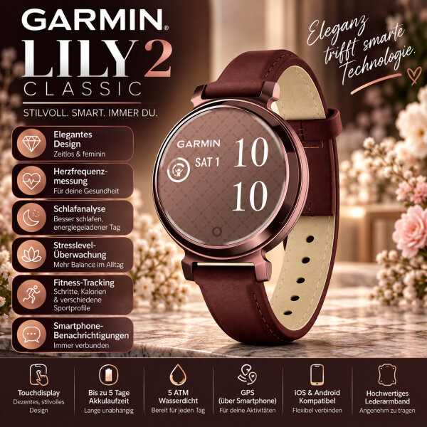 Garmin "Lily 2" Classic Smartwatch / Dark Bronze /Lederarmband /OVP /Top Zustand